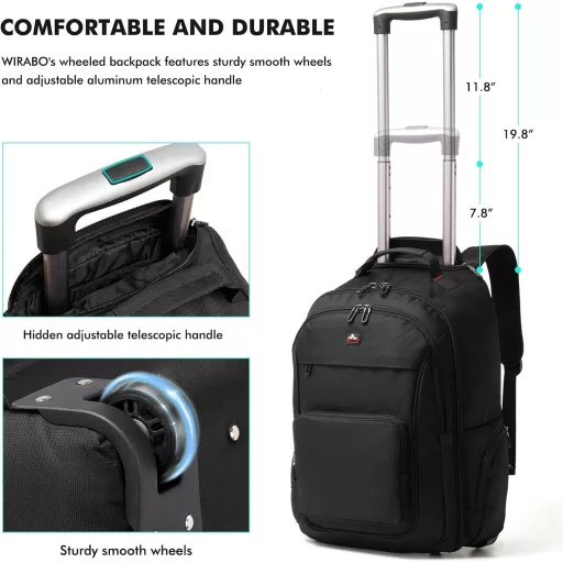 WIRABO 17,3" Laptop Gurulós Hátizsák 40L Utazótáska Fekete Iskolai Munka Üzleti