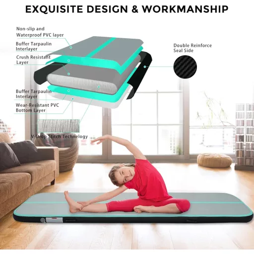 LUBAKED Felfújható Tornaszőnyeg 300x100x20cm Zöld Gimnasztika Szőnyeg Pumpával Fitness Jóga Matrac Otthoni Edzéshez