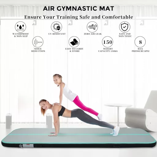 LUBAKED Felfújható Tornaszőnyeg 300x100x20cm Zöld Gimnasztika Szőnyeg Pumpával Fitness Jóga Matrac Otthoni Edzéshez