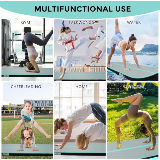 LUBAKED Felfújható Tornaszőnyeg 300x100x20cm Zöld Gimnasztika Szőnyeg Pumpával Fitness Jóga Matrac Otthoni Edzéshez