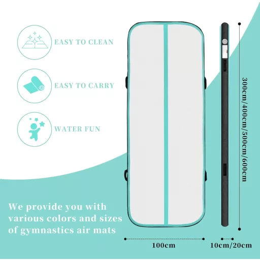 LUBAKED Felfújható Tornaszőnyeg 300x100x20cm Zöld Gimnasztika Szőnyeg Pumpával Fitness Jóga Matrac Otthoni Edzéshez