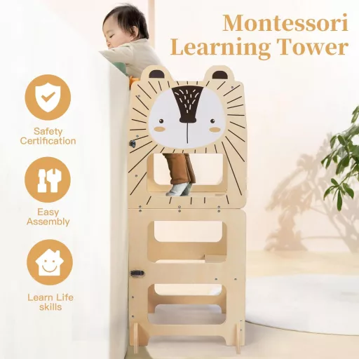 Labebe Turn de învățare Montessori pentru copii - Turn ajutător de bucătărie pliabil din lemn, de la 1 an, cu tablă de scris, funcție 3 în 1, sarcină maximă 50 kg