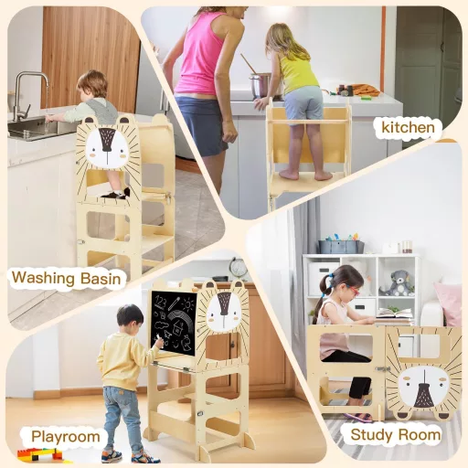 labebe Montessori Tanulótorony Gyerekeknek - Összecsukható Fa Konyhai Segítő Állvány 1 Éves Kortól, Táblával, 3 az 1-ben Funkció, 50 kg Tehe