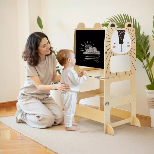 Labebe Turn de învățare Montessori pentru copii - Turn ajutător de bucătărie pliabil din lemn, de la 1 an, cu tablă de scris, funcție 3 în 1, sarcină maximă 50 kg