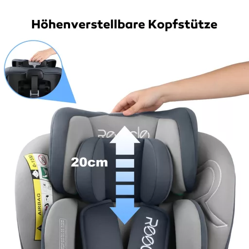 Scaun auto pivotant 360° Reecle i-Size cu sistem de prindere ISOFIX, 40-150 cm (0-36 kg), de la naștere până la 12 ani, certificat ECE R129, gri.