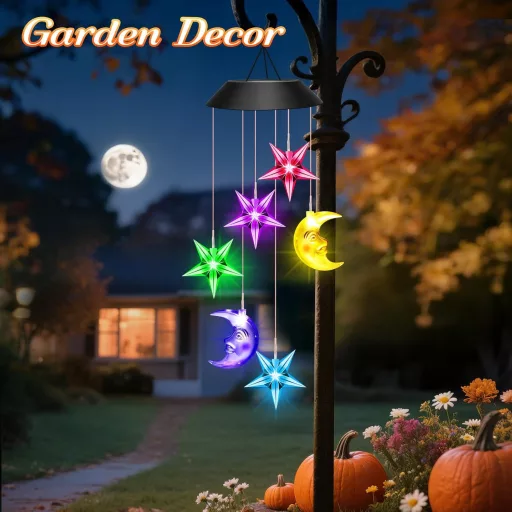 Lampă solară de grădină Winzwon cu clopoței de vânt în formă de stea și lună, decorațiune pentru exterior - Star and Moon