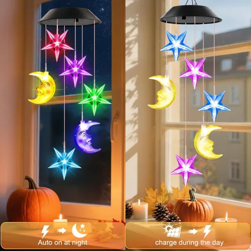 Winzwon Napelemes Kerti Lámpa Csillag Hold Szélcsengő Kültéri Dekoráció - Star and Moon