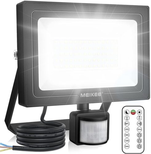 Reflector LED MEIKEE 60W cu Senzor de Mișcare - 5200 Lumen, Lampă de Exterior cu Telecomandă, IP66 Impermeabil, Temporizabil, Intensitate Luminoasă Reglabilă, Negru