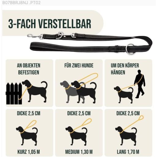 Happilax Állítható Kutyapóráz 2m - Fekete/Fényvisszaverő - 3 Hosszúságra Állítható - Dupla Póráz Funkció - Nagy Kutyáknak és Visszahívó Pórá