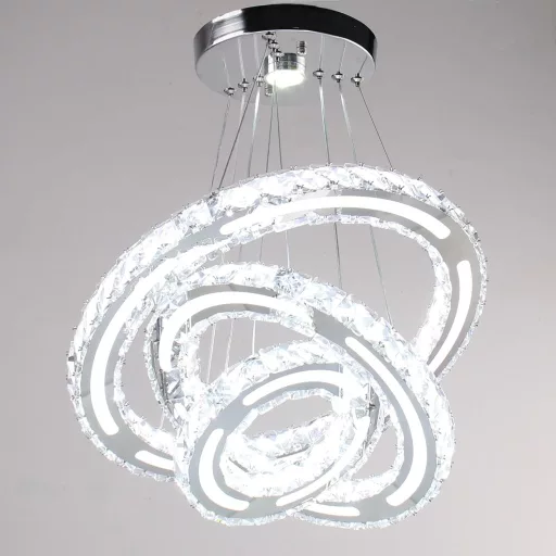 CXGLEAMING Modern LED Kristály Csillár - 3 Gyűrűs Függőlámpa, Állítható Magasság, 52W, 6500K Fehér Fény, Nappali, Étkező, Konyha