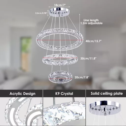 CXGLEAMING Modern LED Kristály Csillár - 3 Gyűrűs Függőlámpa, Állítható Magasság, 52W, 6500K Fehér Fény, Nappali, Étkező, Konyha