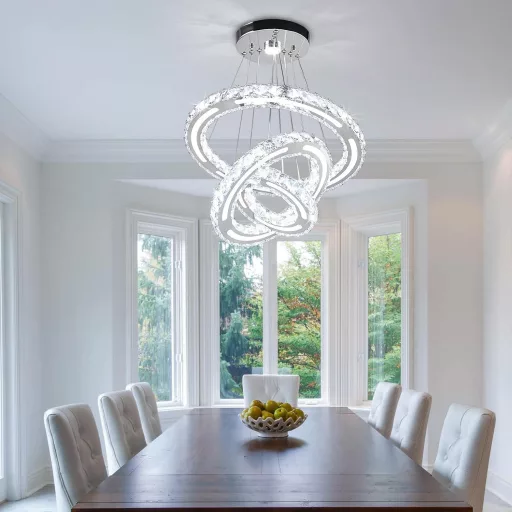 CXGLEAMING Modern LED Kristály Csillár - 3 Gyűrűs Függőlámpa, Állítható Magasság, 52W, 6500K Fehér Fény, Nappali, Étkező, Konyha