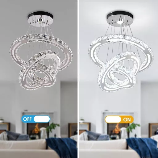 CXGLEAMING Modern LED Kristály Csillár - 3 Gyűrűs Függőlámpa, Állítható Magasság, 52W, 6500K Fehér Fény, Nappali, Étkező, Konyha