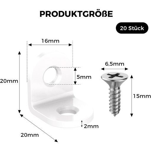 VOCIBO 20db Fehér Sarokösszekötő 90° 20x20mm Rozsdamentes Acél Bútor Szereléshez