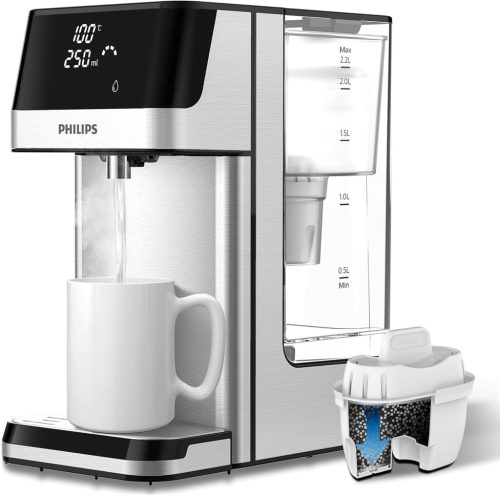 Dispenser de apă fierbinte Philips cu 6 setări de temperatură - Apă filtrată, ecran tactil, filtrare clor și calcar, capacitate 2,2L