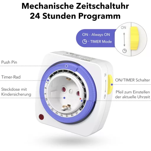Temporizator mecanic HBN 15 minute 96 poziții 2 buc. Siguranță pentru copii 16A 3680W