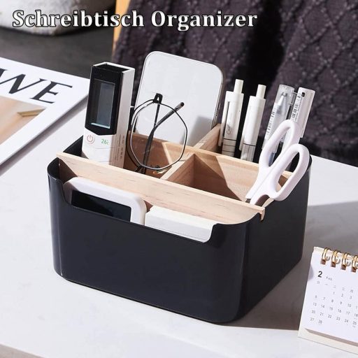 Organizator de birou gvivej, suport de lemn pentru pixuri cu 5 compartimente, negru, organizare birou