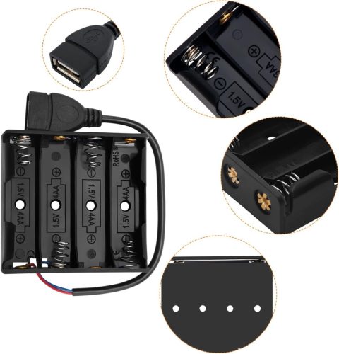 KUOQIY 4 x 1,5V AA Elemtartó USB Csatlakozóval - 5 db-os Készlet Műanyag Dobozzal, és Csavarokkal