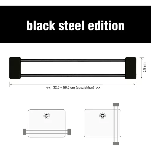 Sanni Shoo Držiak na handru na riad Čierny - Kuchynský organizér, Teleskopický stojan na hubku na riad, Flexibilný odkvapkávač na riad, Čierna nehrdzavejúca oceľ