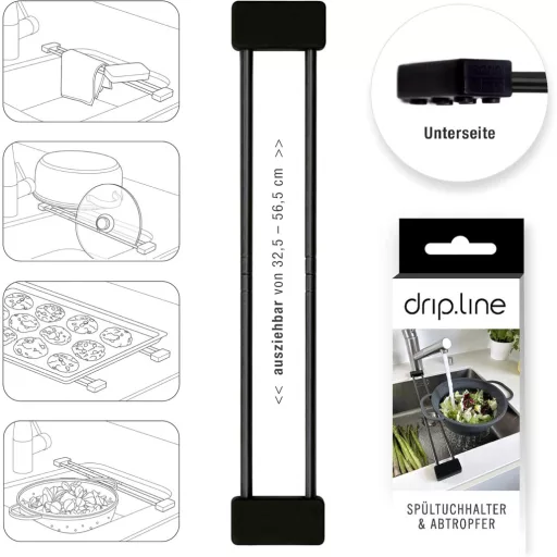 Sanni Shoo Držiak na handru na riad Čierny - Kuchynský organizér, Teleskopický stojan na hubku na riad, Flexibilný odkvapkávač na riad, Čierna nehrdzavejúca oceľ