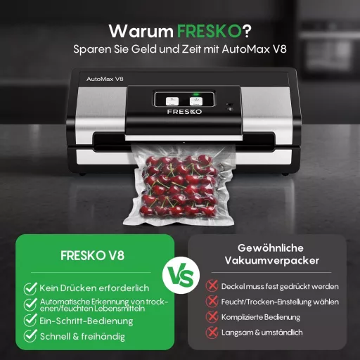 Fresko Automatski vakumski folijer 18L/min s turbo usisnom snagom - Rad s jednim gumbom, nehrđajući čelik, 2 role folije, senzor tekućine