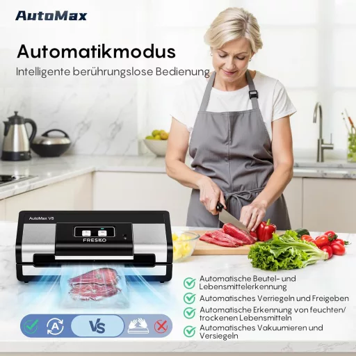 Aparat de vidat Fresko, automat, 18L/min cu putere de aspirare Turbo - Operare cu un singur buton, Oțel inoxidabil, 2 role de folie, Senzor pentru lichide
