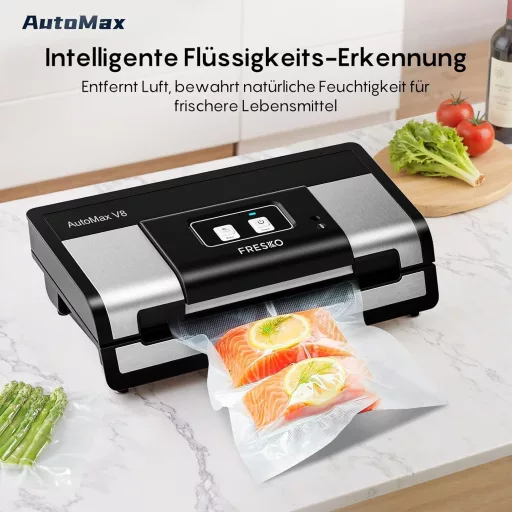 Aparat de vidat Fresko, automat, 18L/min cu putere de aspirare Turbo - Operare cu un singur buton, Oțel inoxidabil, 2 role de folie, Senzor pentru lichide