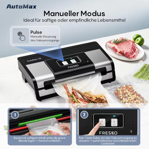 Aparat de vidat Fresko, automat, 18L/min cu putere de aspirare Turbo - Operare cu un singur buton, Oțel inoxidabil, 2 role de folie, Senzor pentru lichide