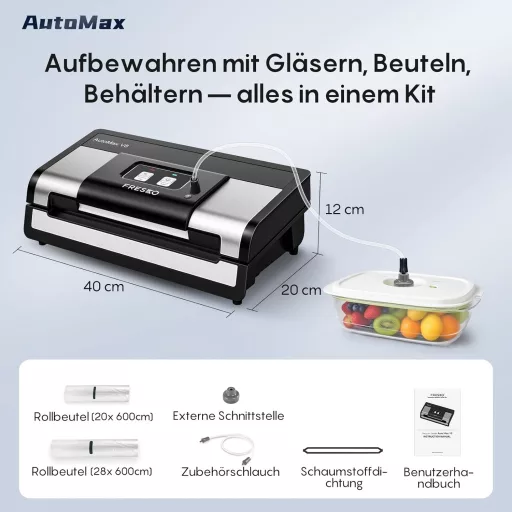 Aparat de vidat Fresko, automat, 18L/min cu putere de aspirare Turbo - Operare cu un singur buton, Oțel inoxidabil, 2 role de folie, Senzor pentru lichide