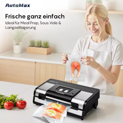 Aparat de vidat Fresko, automat, 18L/min cu putere de aspirare Turbo - Operare cu un singur buton, Oțel inoxidabil, 2 role de folie, Senzor pentru lichide