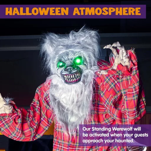 JOYIN Lup animatronic de Halloween, 170 cm, sensibil la sunet și lumină