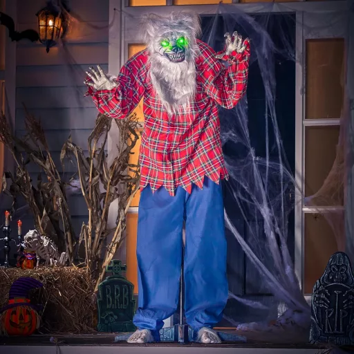 JOYIN Lup animatronic de Halloween, 170 cm, sensibil la sunet și lumină