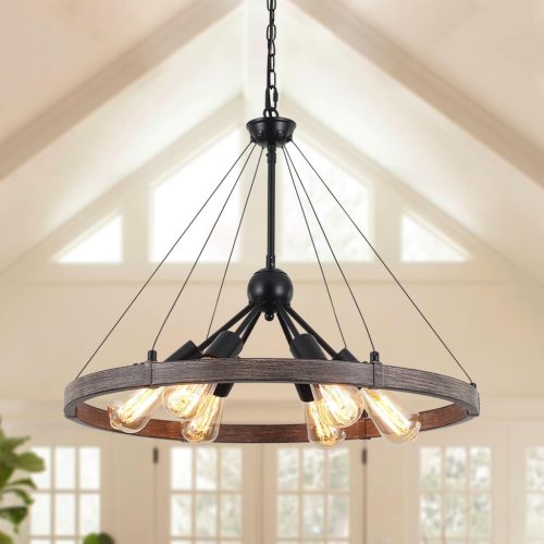 MRHYSWD Lustră Neagră cu 6 Becuri - Lampă de Plafon Industrială Rustic cu Design Roată de Căruță - Pendul Ajustabil pe Înălțime pentru Living, Bucătărie