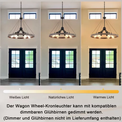 MRHYSWD Lustră Neagră cu 6 Becuri - Lampă de Plafon Industrială Rustic cu Design Roată de Căruță - Pendul Ajustabil pe Înălțime pentru Living, Bucătărie