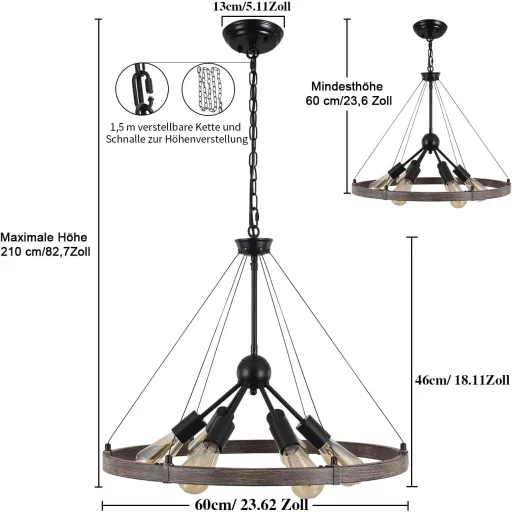 MRHYSWD Lustră Neagră cu 6 Becuri - Lampă de Plafon Industrială Rustic cu Design Roată de Căruță - Pendul Ajustabil pe Înălțime pentru Living, Bucătărie