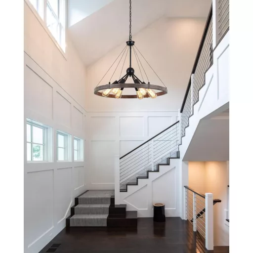 MRHYSWD Lustră Neagră cu 6 Becuri - Lampă de Plafon Industrială Rustic cu Design Roată de Căruță - Pendul Ajustabil pe Înălțime pentru Living, Bucătărie