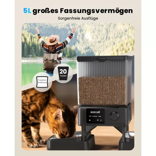 oneisall 5L Automata Macskaeledel Adagoló WiFi Applikációval, 2 Rozsdamentes Tál