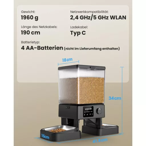 oneisall 5L Automata Macskaeledel Adagoló WiFi Applikációval, 2 Rozsdamentes Tál
