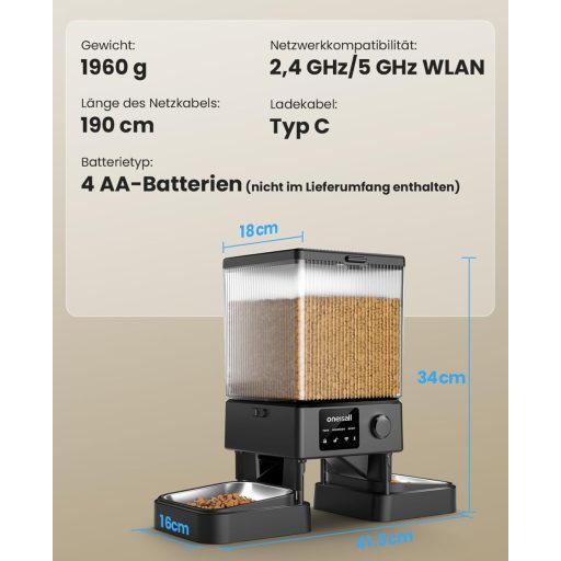 oneisall 5L Automata Macskaeledel Adagoló WiFi Applikációval, 2 Rozsdamentes Tál