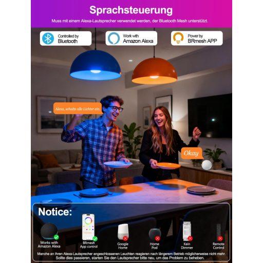 iLC LED Okos Izzó E27 Alexa Kompatibilis, Intelligens Világítás RGB Színváltós + Hideg Fehér 6000K, 2 Darabos Csomag