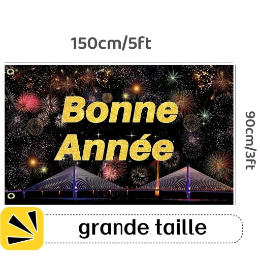 wuseyun Boldog Új Évet Zászló - 150 x 90 cm Nagyméretű Poliészter Banner Fém Fűzőkarikákkal - Kültéri és Beltéri Ünnepléshez, Rendezvényekhe