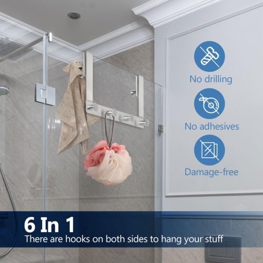 J&V Technologie GmbH Set za vješanje zavjesa za tuš - 6 komada držača za ručnike od nehrđajućeg čelika bez bušenja, kuka za staklena vrata s gumenom zaštitom 10-12 mm željezo