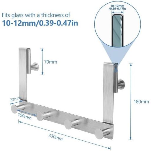 J&V Technologie GmbH Set za vješanje zavjesa za tuš - 6 komada držača za ručnike od nehrđajućeg čelika bez bušenja, kuka za staklena vrata s gumenom zaštitom 10-12 mm željezo