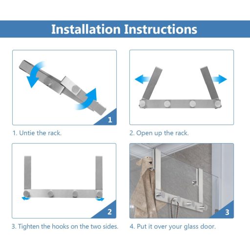 J&V Technologie GmbH Set za vješanje zavjesa za tuš - 6 komada držača za ručnike od nehrđajućeg čelika bez bušenja, kuka za staklena vrata s gumenom zaštitom 10-12 mm željezo