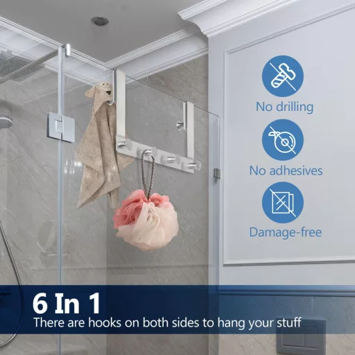 J&V Technologie GmbH Zuhanyfüggöny Akasztó Szett - 6 db Rozsdamentes Acél Törölközőtartó Fúrás Nélkül, Gumivédős Üvegajtó Kampó 10-12 mm Vas