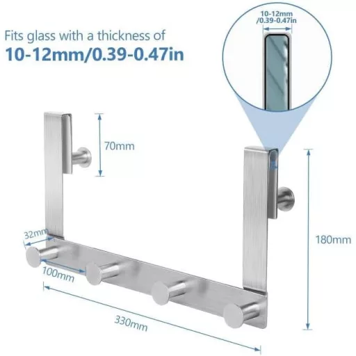 J&V Technologie GmbH Zuhanyfüggöny Akasztó Szett - 6 db Rozsdamentes Acél Törölközőtartó Fúrás Nélkül, Gumivédős Üvegajtó Kampó 10-12 mm Vas
