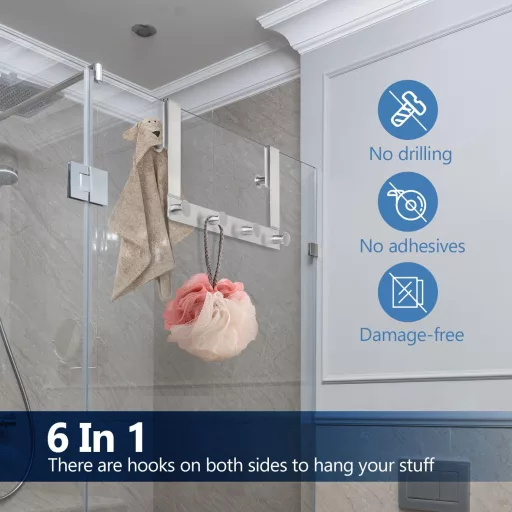 J&V Technologie GmbH Zuhanyfüggöny Akasztó Szett - 6 db Rozsdamentes Acél Törölközőtartó Fúrás Nélkül, Gumivédős Üvegajtó Kampó 10-12 mm Vas