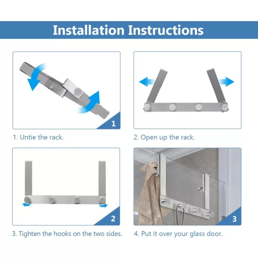 J&V Technologie GmbH Zuhanyfüggöny Akasztó Szett - 6 db Rozsdamentes Acél Törölközőtartó Fúrás Nélkül, Gumivédős Üvegajtó Kampó 10-12 mm Vas