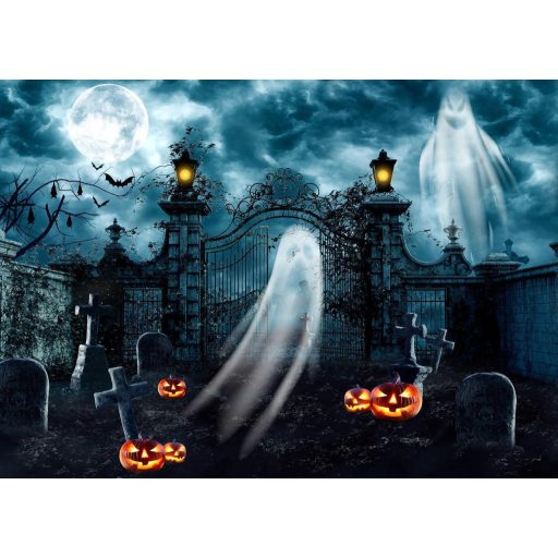 Strašidelné halloweenske pozadie: Modrý cintorín s duchmi a tekvicovou lampou