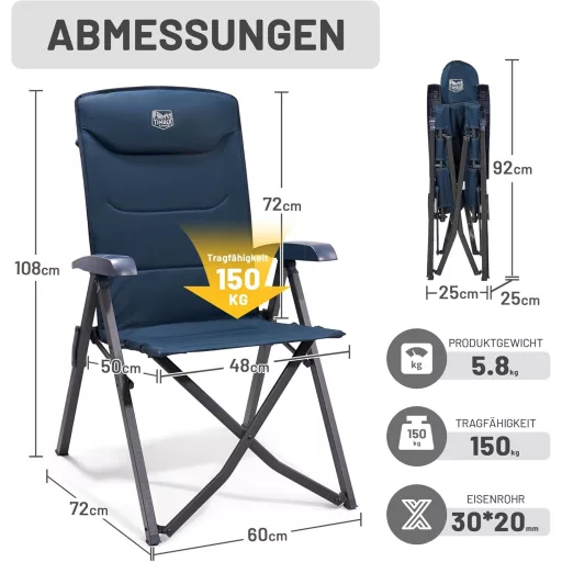 Scaun de camping pliabil TIMBER RIDGE, capacitate de încărcare 150 kg, scaun camping aluminiu cu 4 poziții și husă de transport